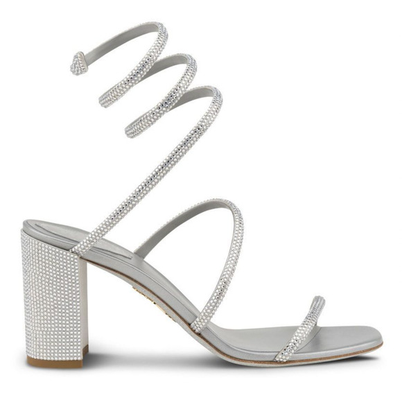 Rene Caovilla Cleo Grey Silver Crystal Wrap Strap Sandal Block Heel Pump 37.5 - Picture 1 of 12